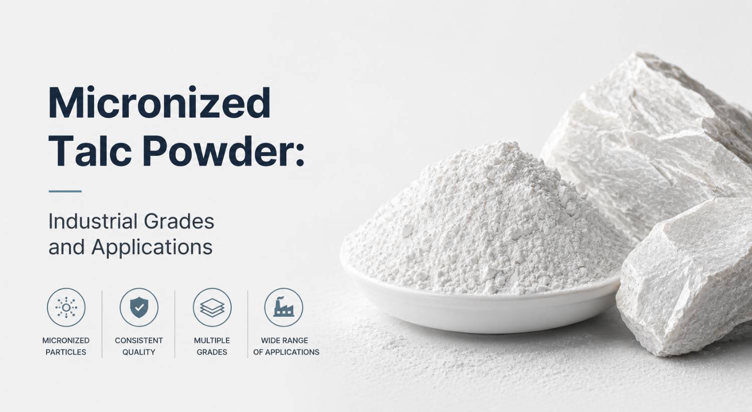 Micronized talc powder showing industrial grades, fine particles, and industrial applications